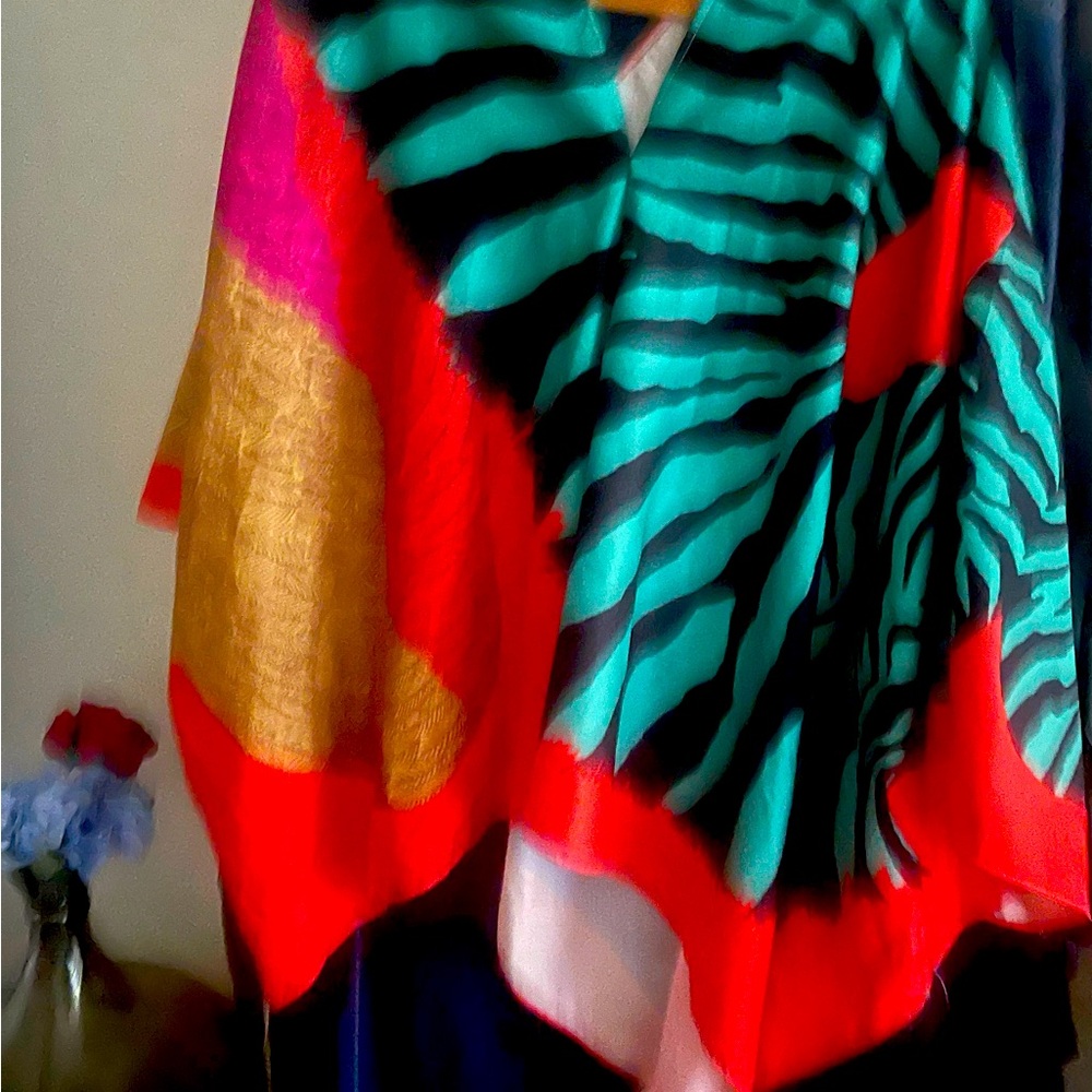 Colorblock Zebra Print Shawl Top - Turquoise, Red & Gold